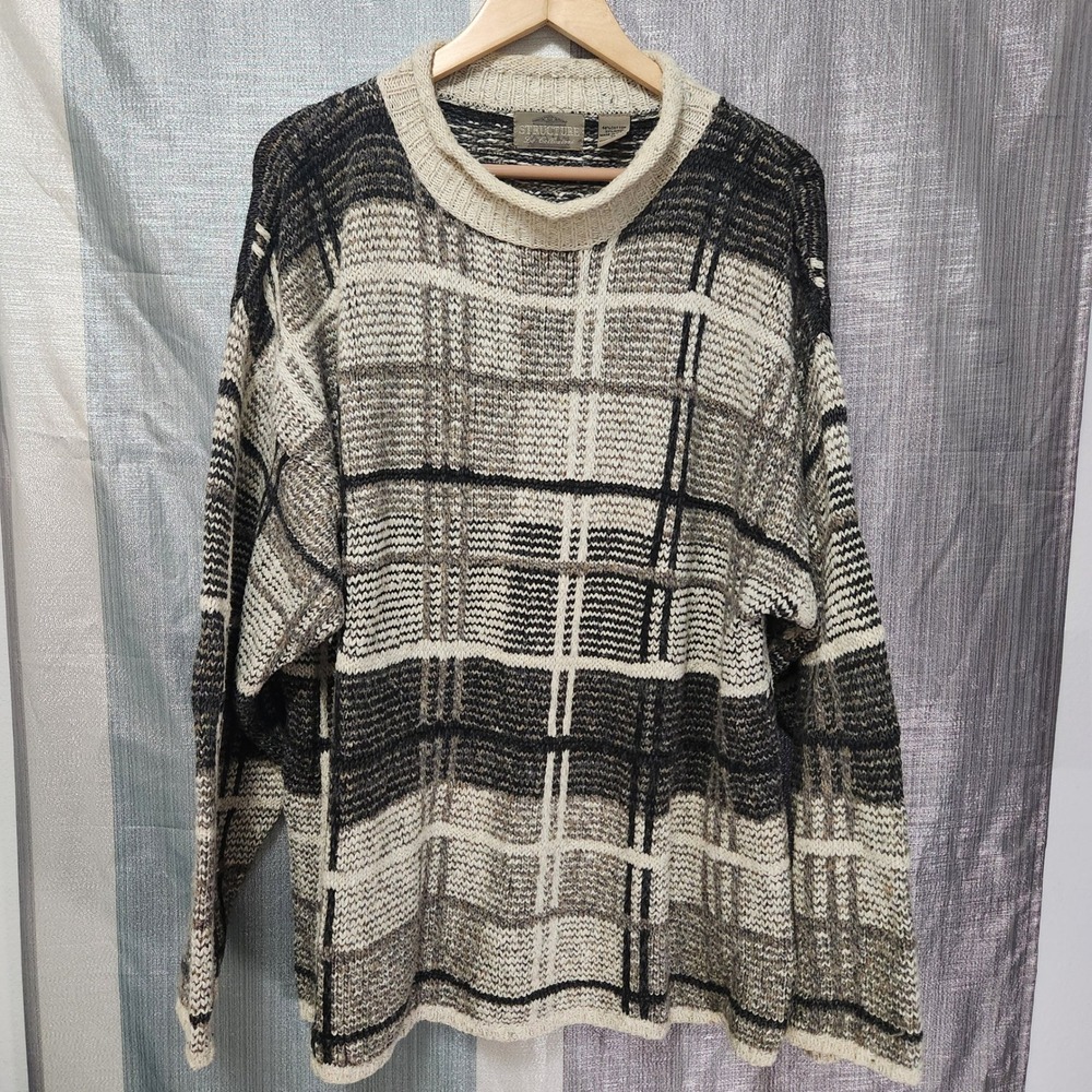 Vintage Fisherman Structure Le Collezioni Plaid Cotton Wool Sweater XL Roll Neck